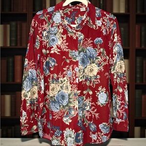 Vintage Cabin Creek Womens Red Corduroy Floral Button Up Long Sleeve Shirt Large